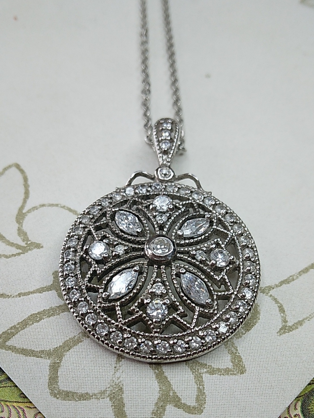 Sterling Silver 925 Medallion Pendant with Faceted Crystals Necklace - Picture 3 of 7